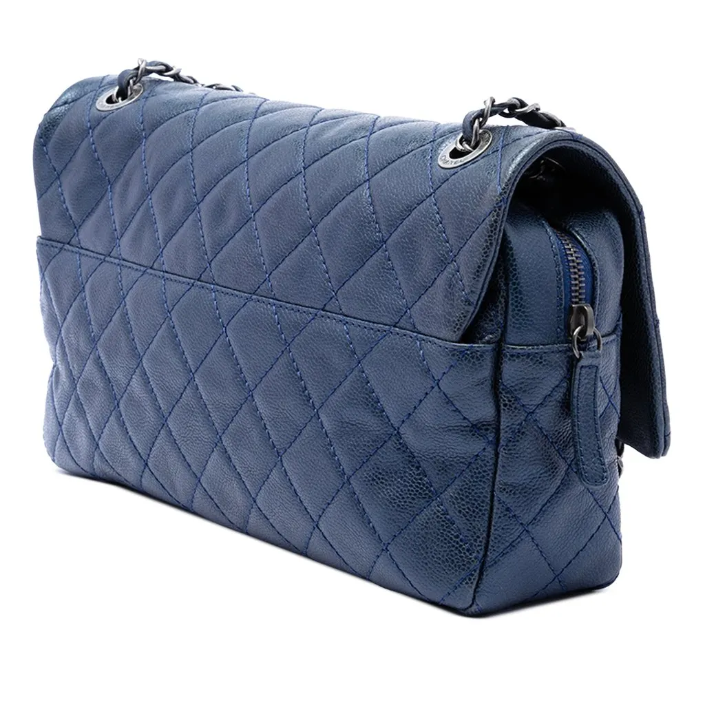 Chanel Jumbo Quilted Iridescent Caviar Easy Flap Blue Leather Good - Back View