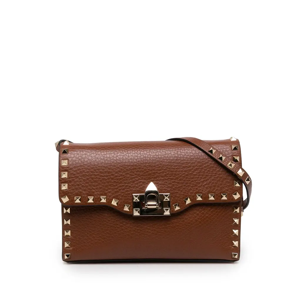 Valentino Medium Pebbled Calfskin Rockstud Flip Lock Crossbody Brown Leather Very good - Front View