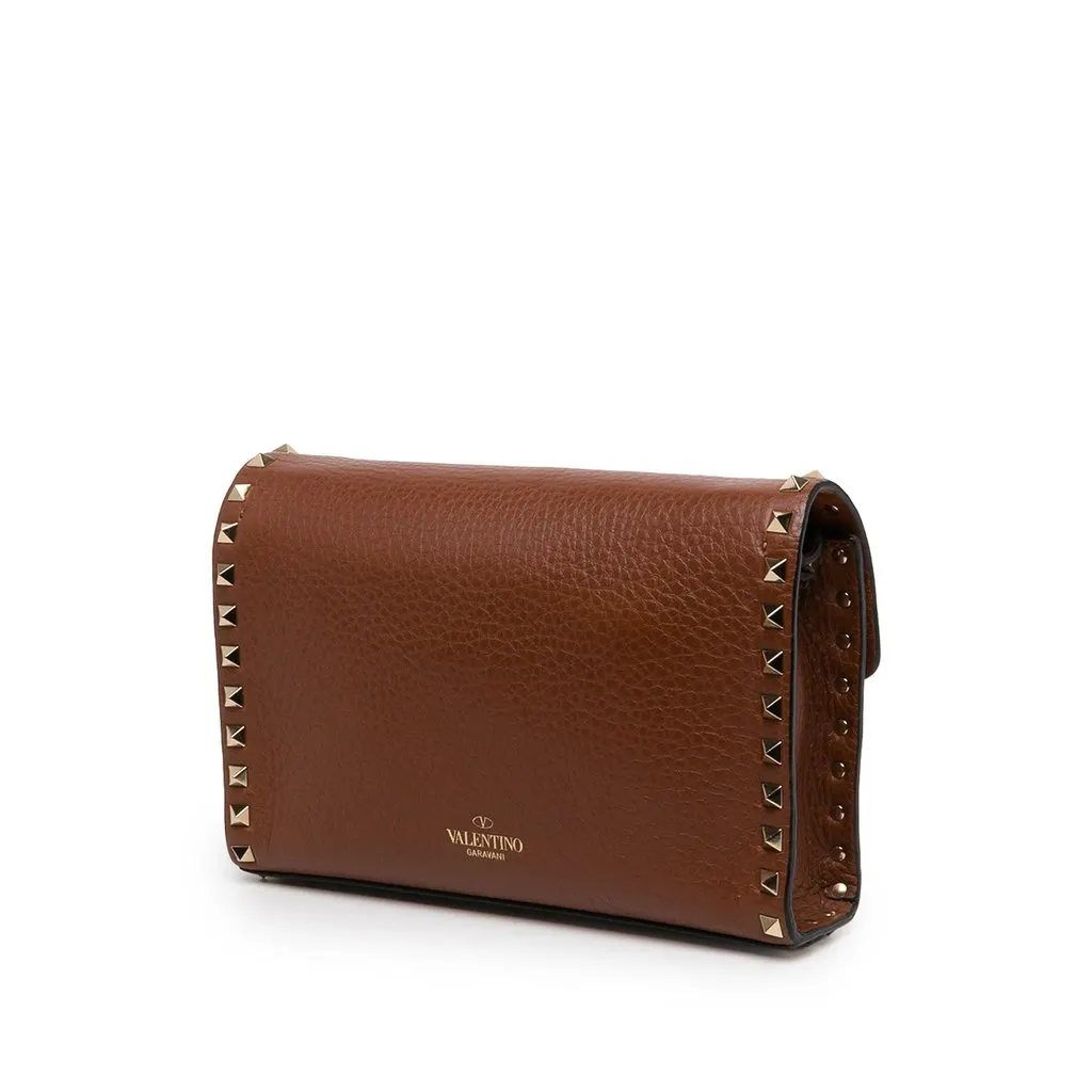 Valentino Medium Pebbled Calfskin Rockstud Flip Lock Crossbody Brown Leather Very good - Back View