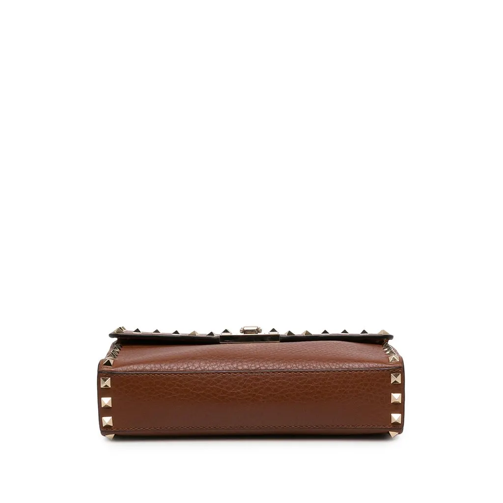 Valentino Medium Pebbled Calfskin Rockstud Flip Lock Crossbody Brown Leather Very good - Inside View