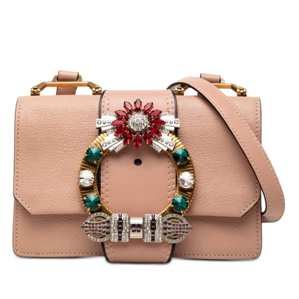 Miu Miu Goatskin Madras Soft Calf Crystal Embellished Crossbody Pink Leather Very good - Front View