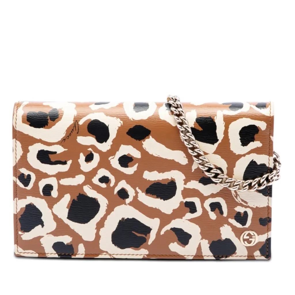 Gucci Calfskin Leopard Print Betty Wallet On Chain Brown Leather Very good - Front View