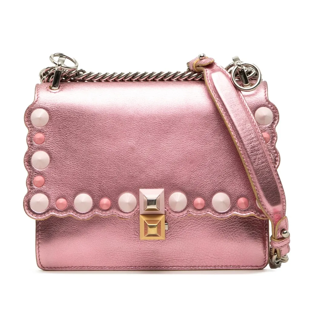 Fendi Small Metallic Scalloped Leather Studded Pearl Kan I Crossbody Pink Leather Very good - Front View