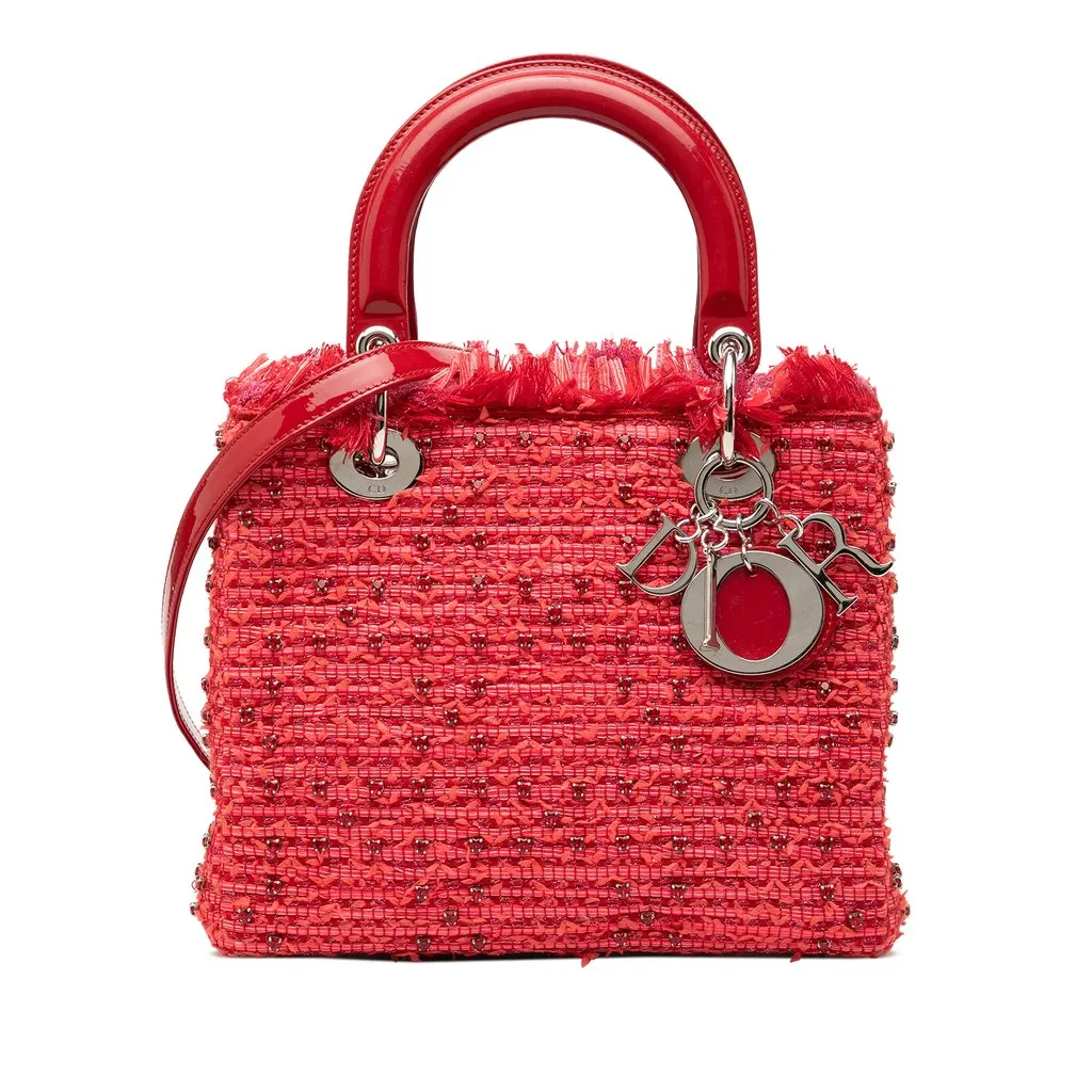 Dior Medium Tweed Fringe Rhinestone Lady Dior Red Very good - Front View
