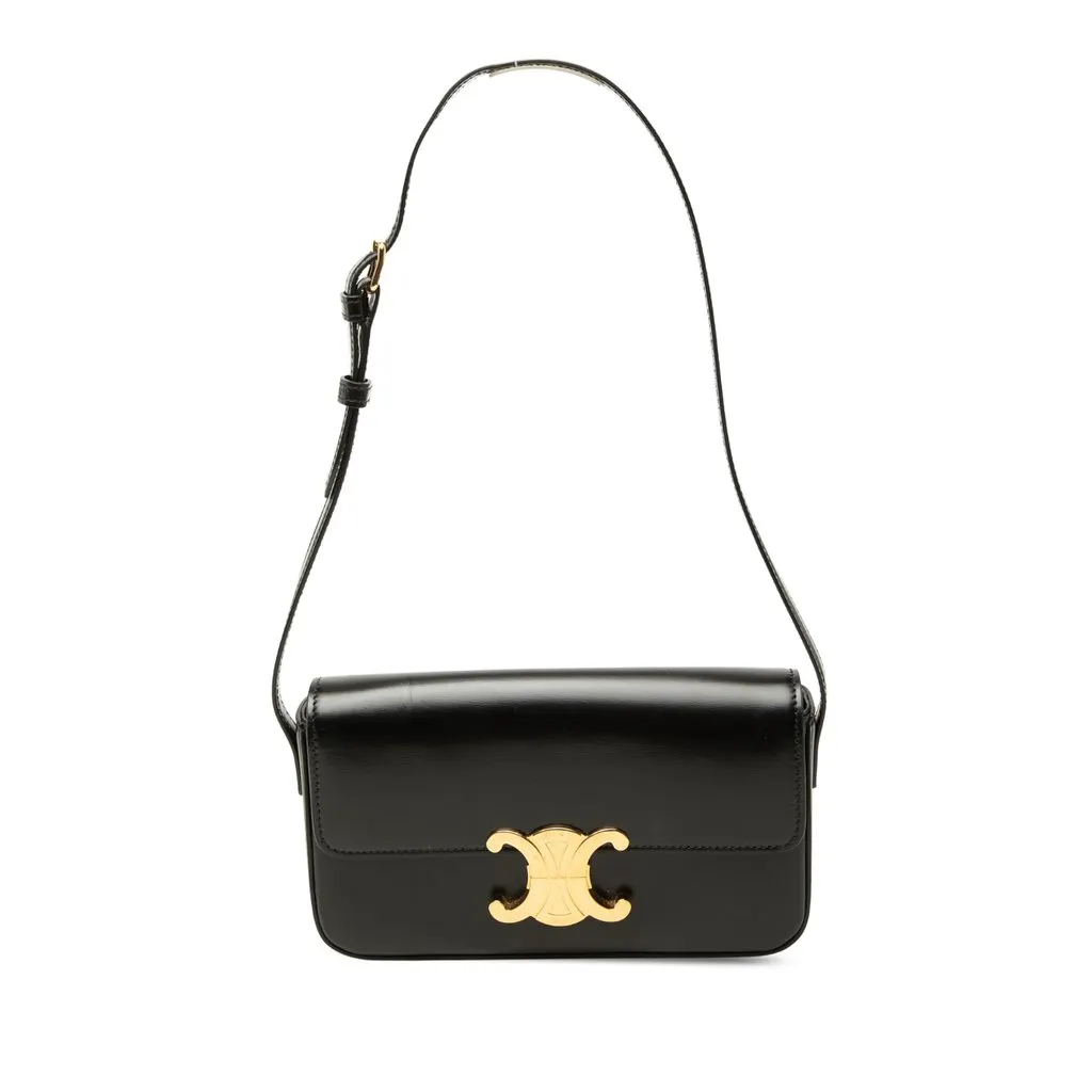 Celine Shiny Calfskin Triomphe Claude Shoulder Bag Black Leather Very good - Front View