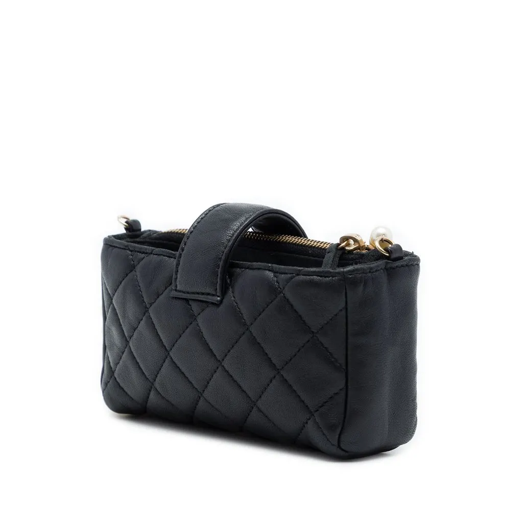 Chanel CC Quilted Lambskin O Mini Faux Pearl Chain Phone Holder Clutch Black Leather Very good - Back View