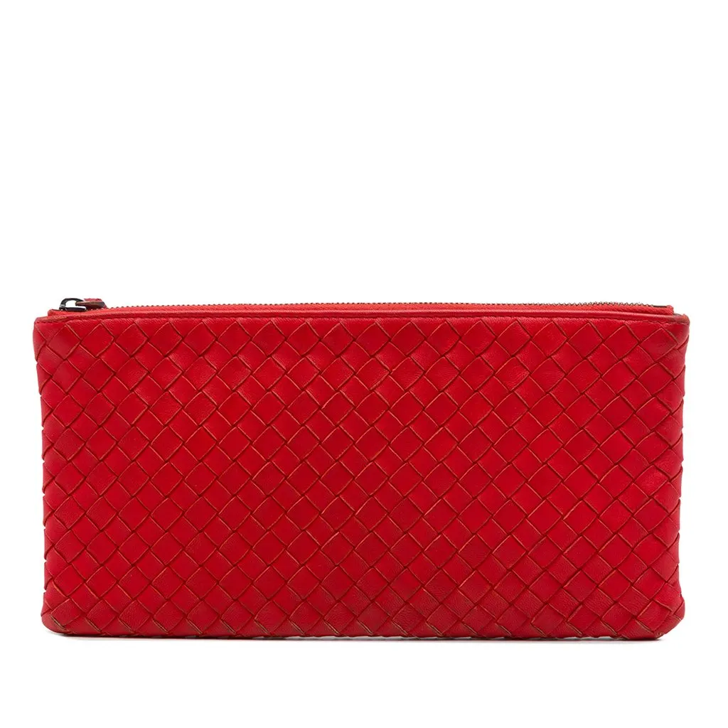 Bottega Veneta Nappa Intrecciato Zip Pouch Red Leather Very good - Front View