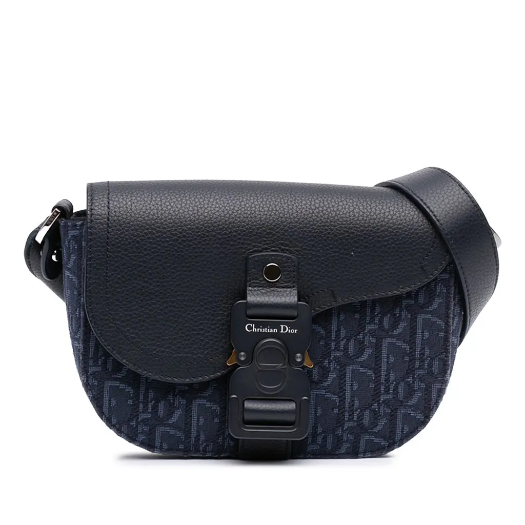 Dior Mini Oblique Canvas Saddle Buckle Messenger Bag Blue Very good - Front View