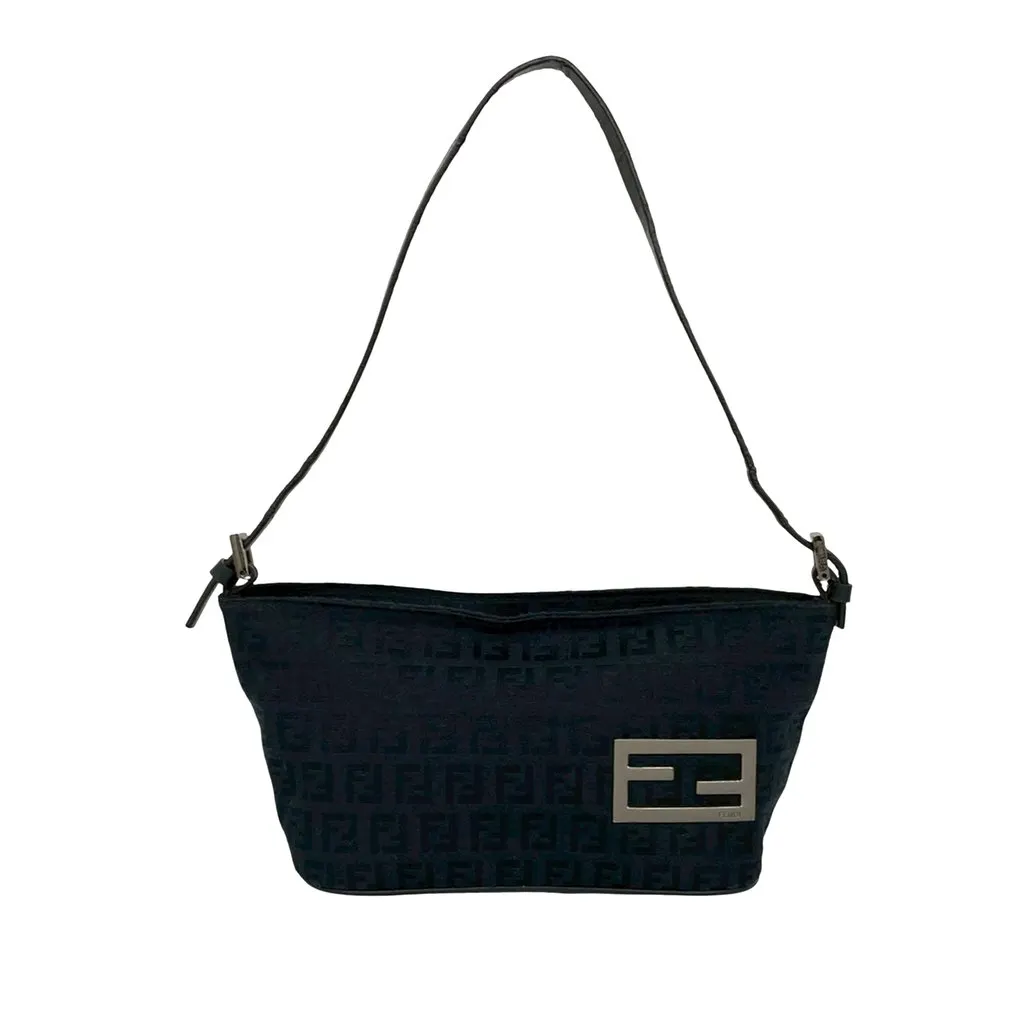 Fendi Zucchino Canvas Shoulder Bag Black Very good - Front View