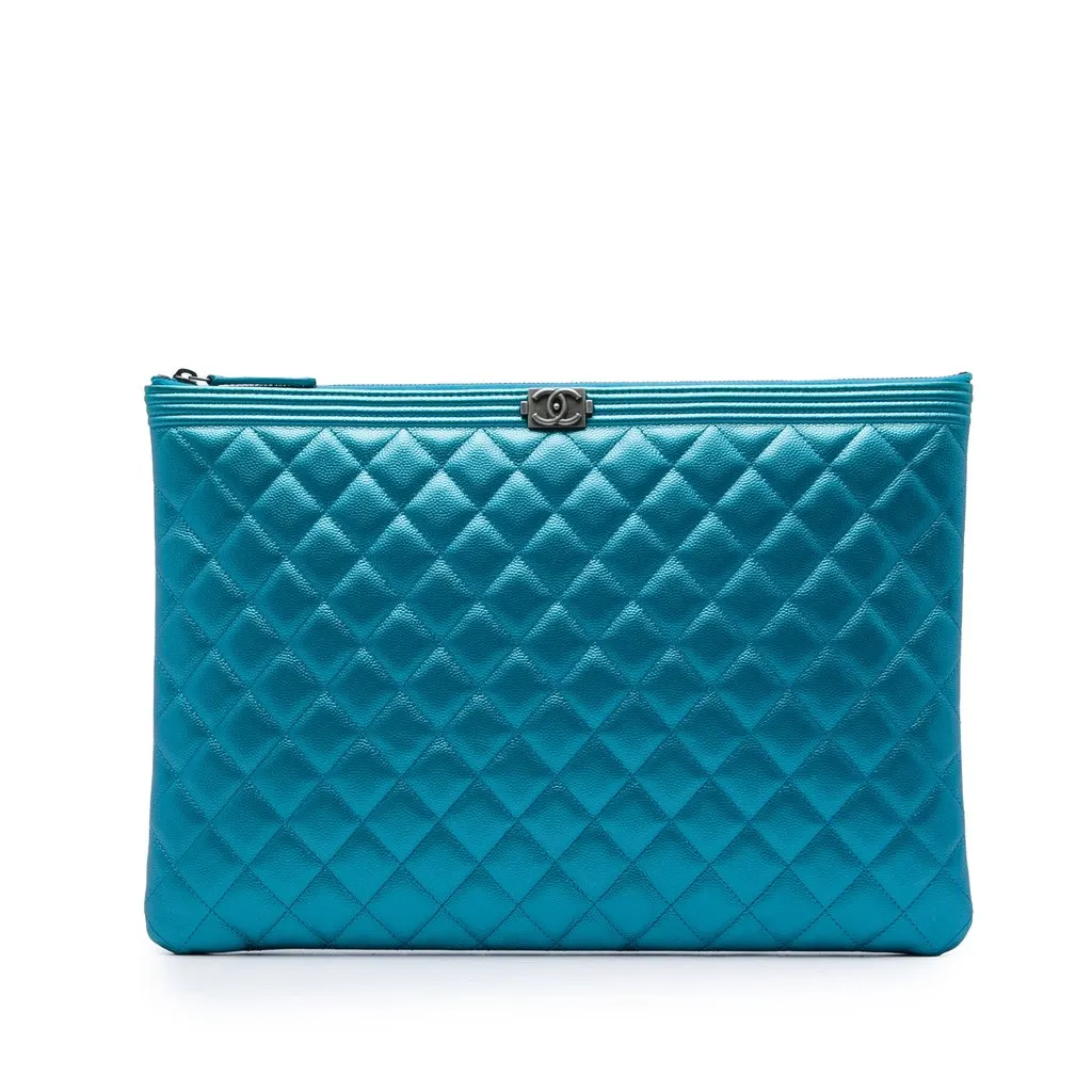 Chanel Large Quilted Metallic Caviar Boy O Case Clutch Blue Leather Very good - Front View