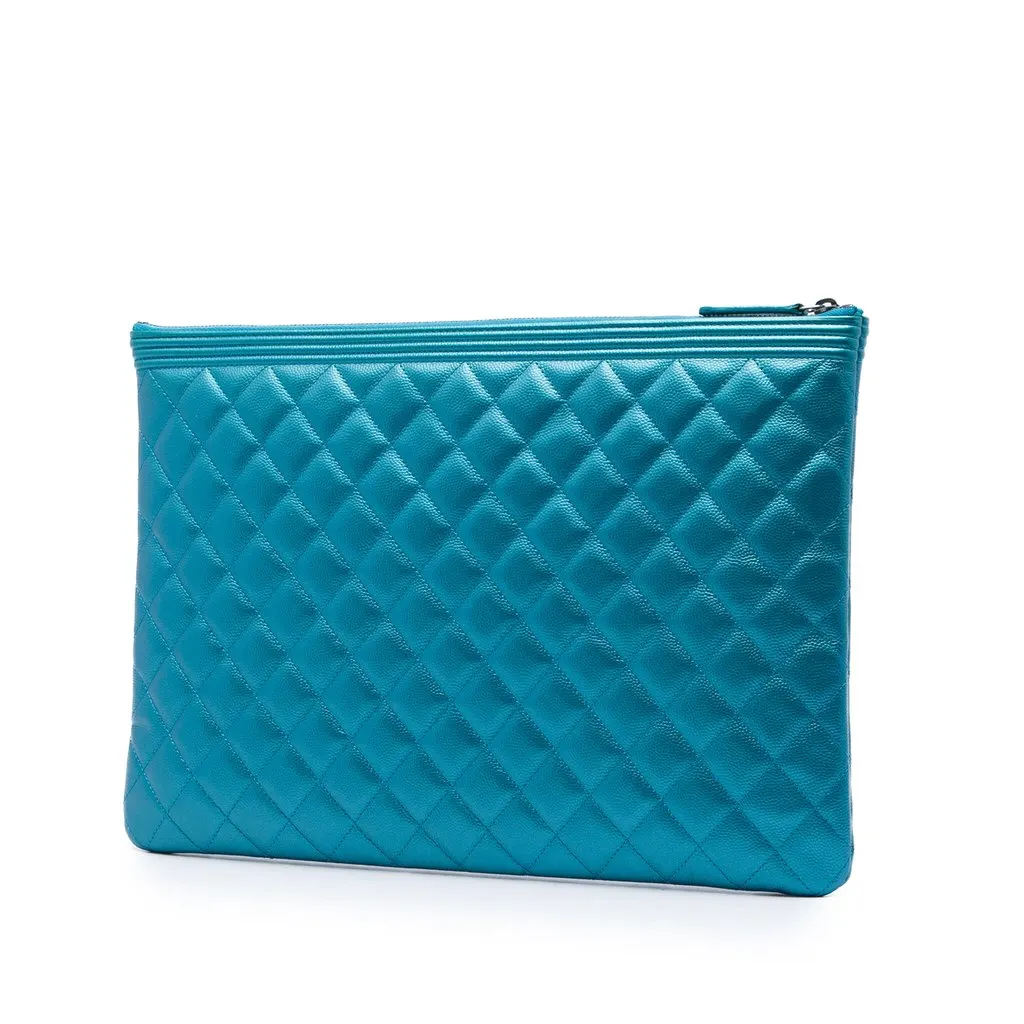 Chanel Large Quilted Metallic Caviar Boy O Case Clutch Blue Leather Very good - Back View