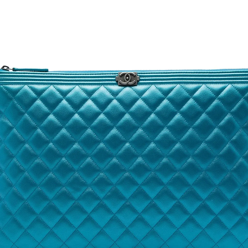 Chanel Large Quilted Metallic Caviar Boy O Case Clutch Blue Leather Very good - Box View