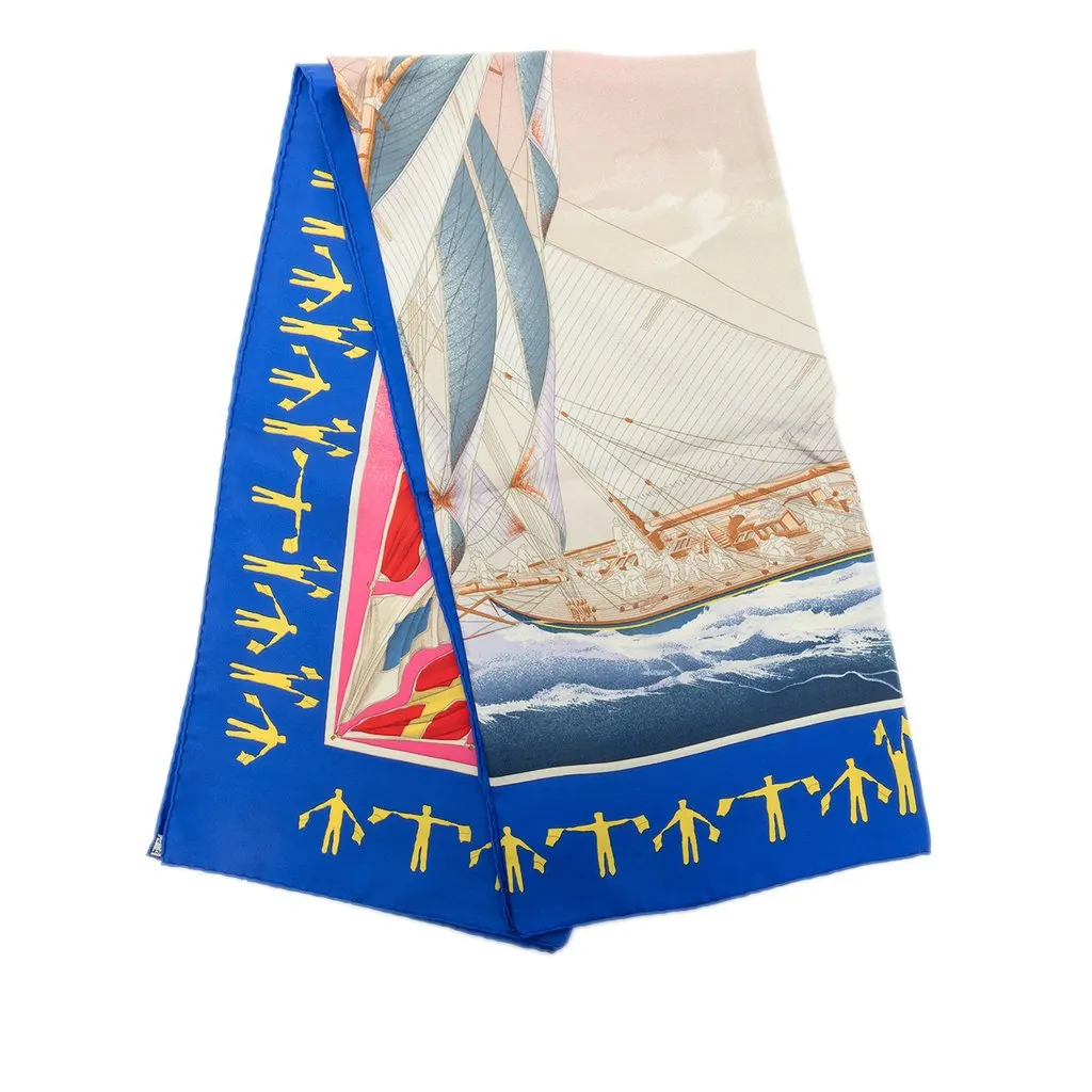 Hermès En Course Silk Scarf 90 Blue Silk Good - Front View