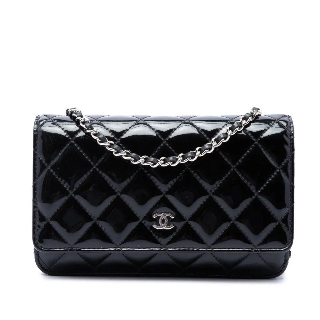 Chanel CC Quilted Patent Wallet On Chain Black Leather Good - Front View