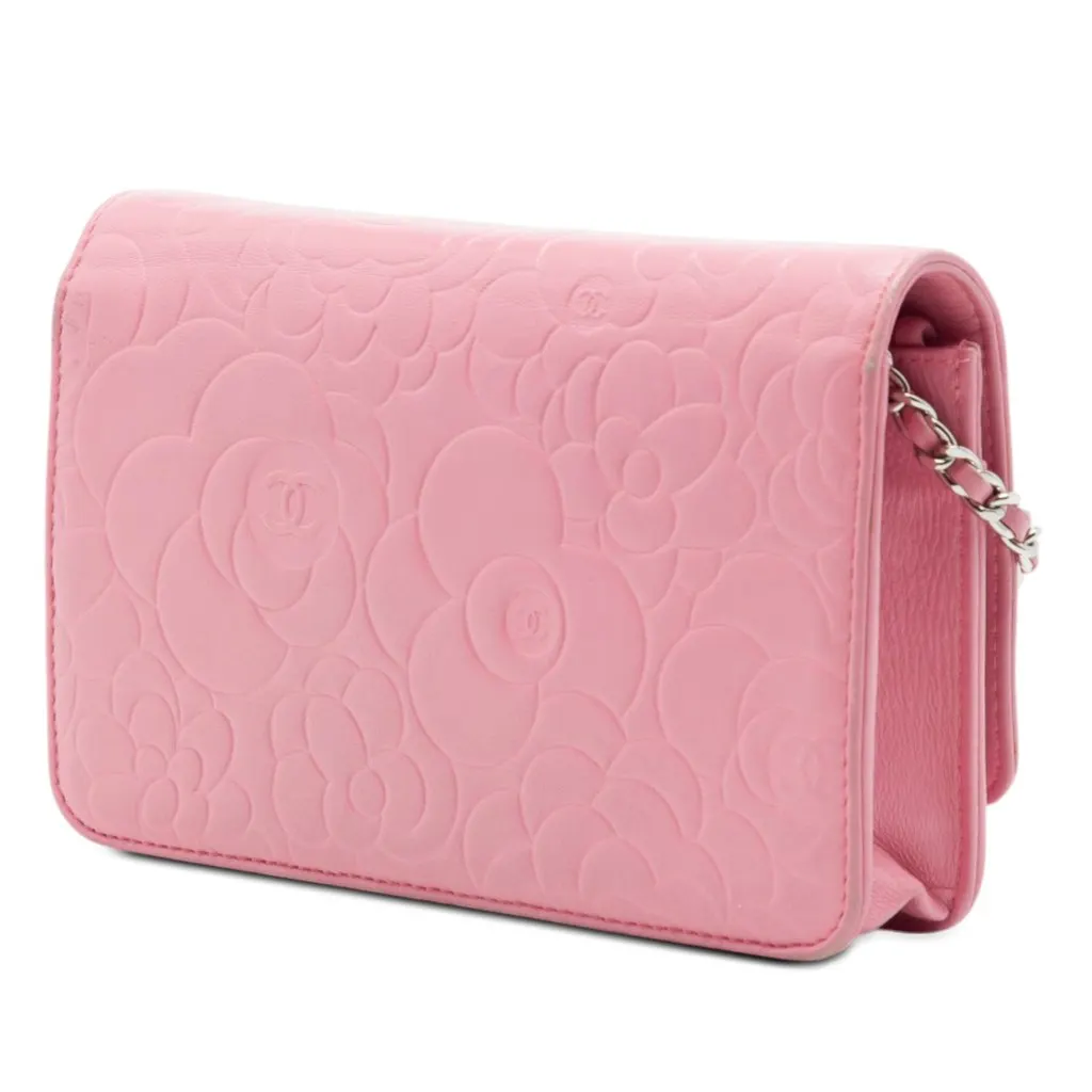 Chanel CC Embossed Lambskin Camellia Wallet On Chain Pink Leather Very good - Back View
