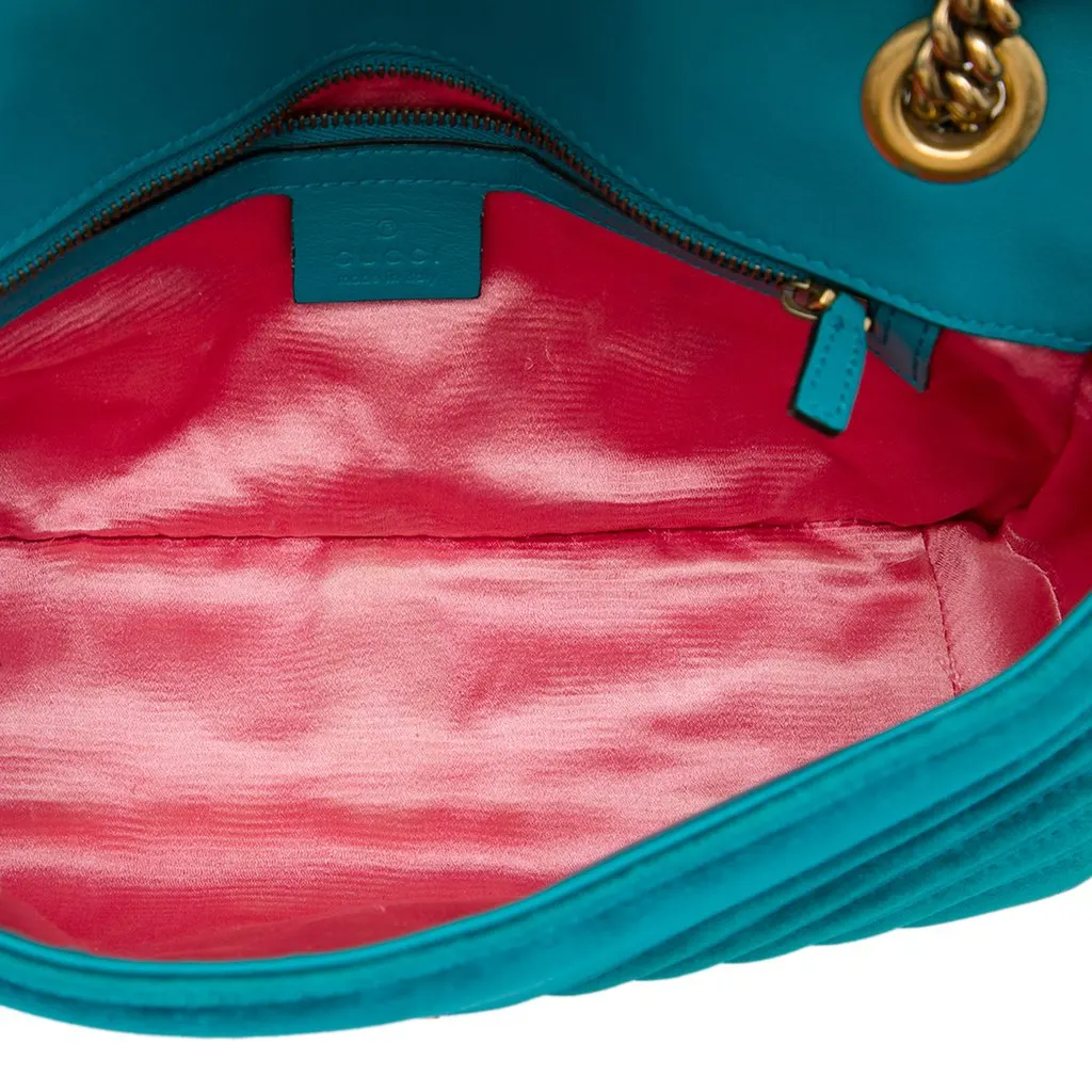 Gucci Medium GG Marmont Matelasse Velvet Shoulder Bag Blue Velvet Good - Model View