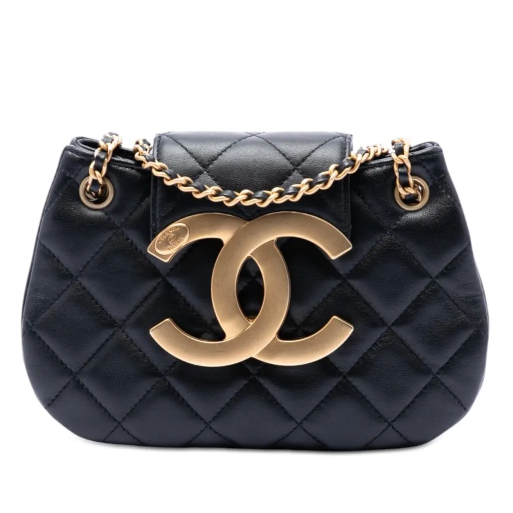 Chanel Small Quilted Lambskin Giant CC Chain Compartment Messenger Bag Black Leather Very good - Front View
