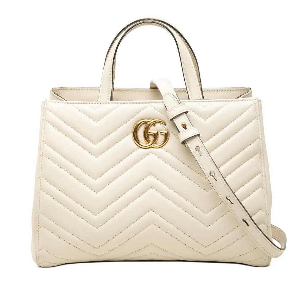 Gucci Small GG Marmont Matelasse Calfskin Satchel White Leather Good - Front View