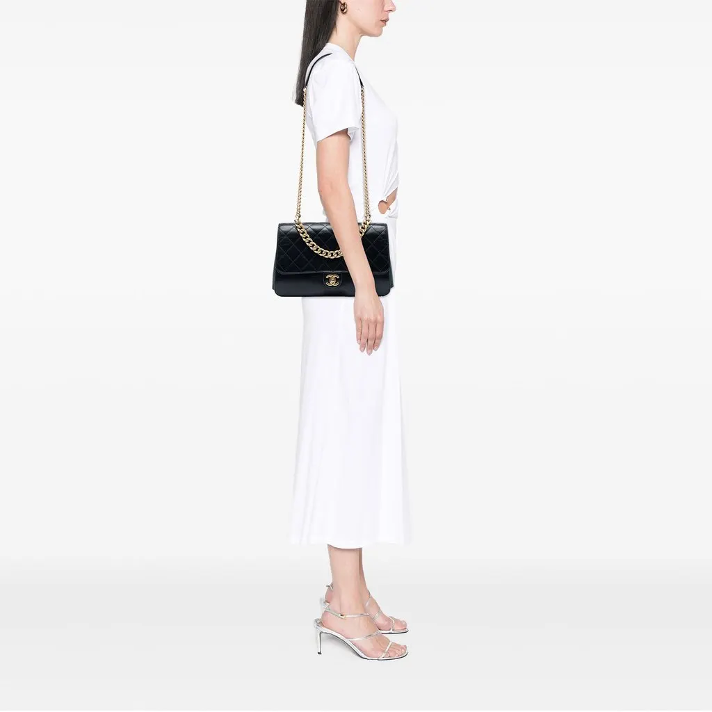 Chanel Paris Cosmopolite Medium Quilted Calfskin Straight Lined Flap Black Leather Very good - Box View