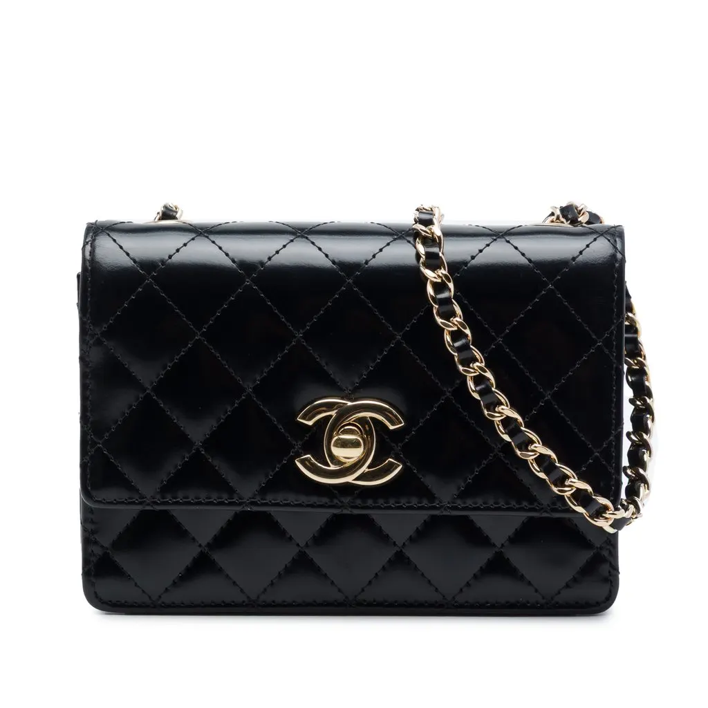 Chanel Micro CC Quilted Shiny Calfskin Single Flap Black Leather Very good - Front View