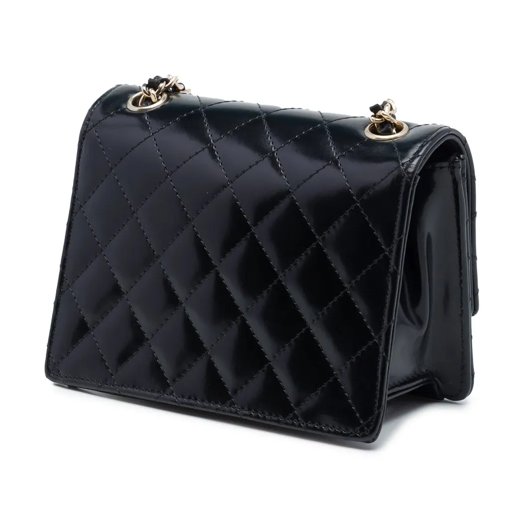 Chanel Micro CC Quilted Shiny Calfskin Single Flap Black Leather Very good - Back View