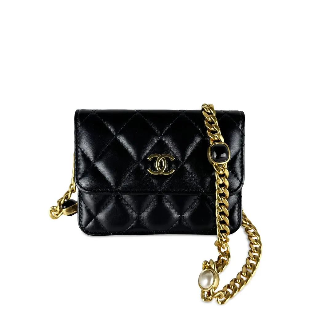 Chanel Mini Quilted Lambskin Resin Pearl Chain Flap Black Leather Very good - Front View