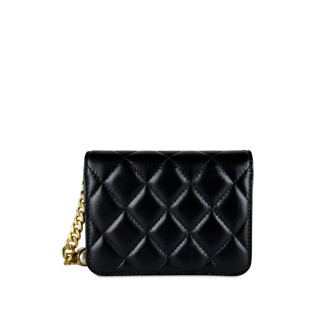 Chanel Mini Quilted Lambskin Resin Pearl Chain Flap Black Leather Very good - Back View