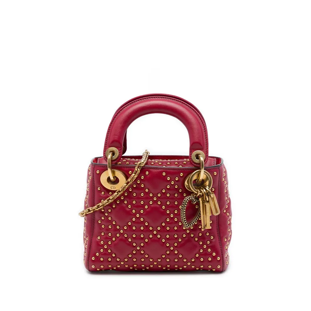 Dior Mini Lambskin Cannage Studded Supple Lady Dior Red Leather Very good - Front View