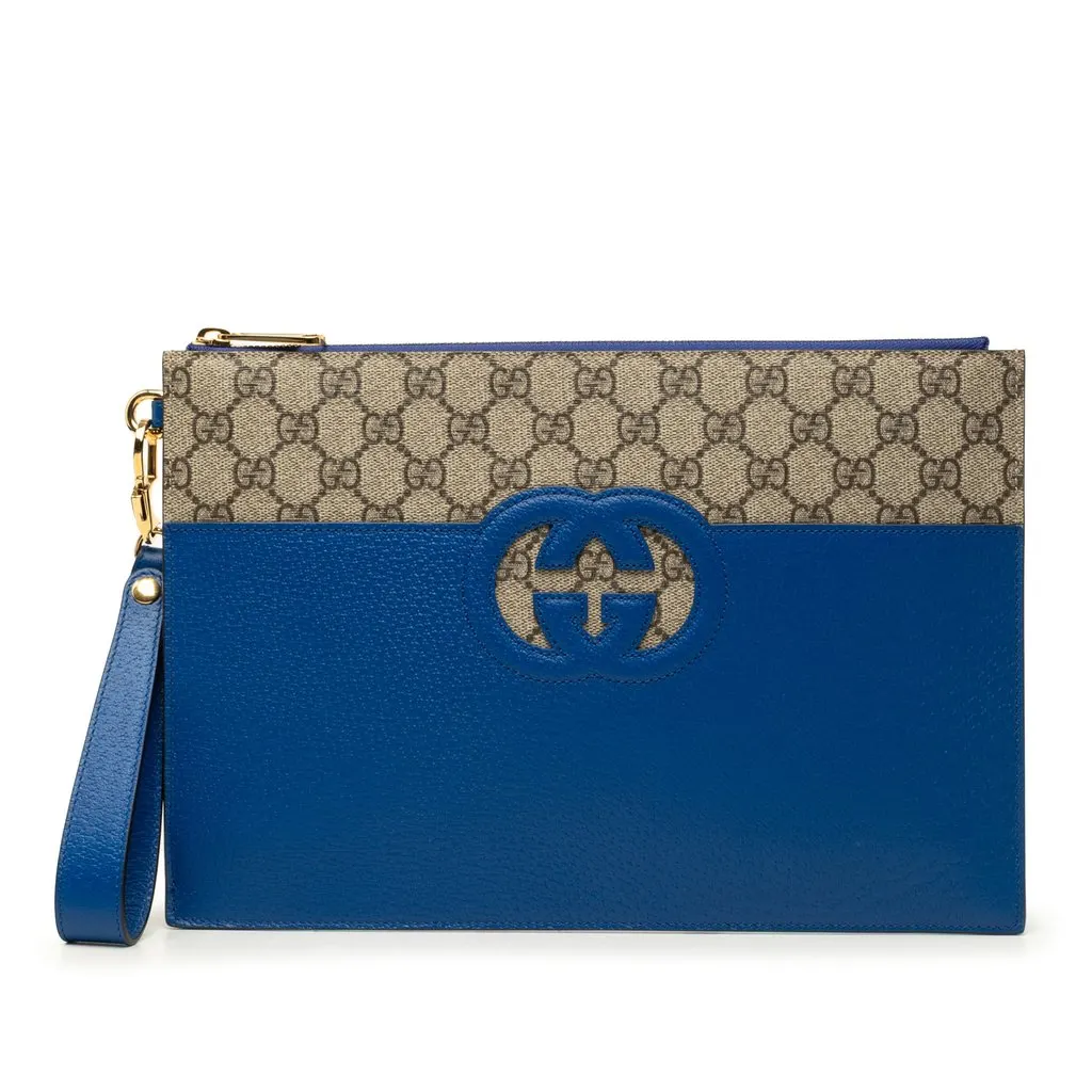 Gucci GG Supreme and Calfskin Cut Out Interlocking G Clutch Blue Very good - Front View
