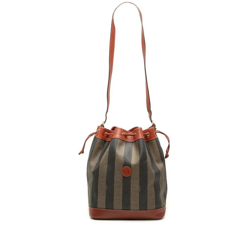 Fendi Pequin Coated Canvas Drawstring Bucket Bag Brown Good - Front View