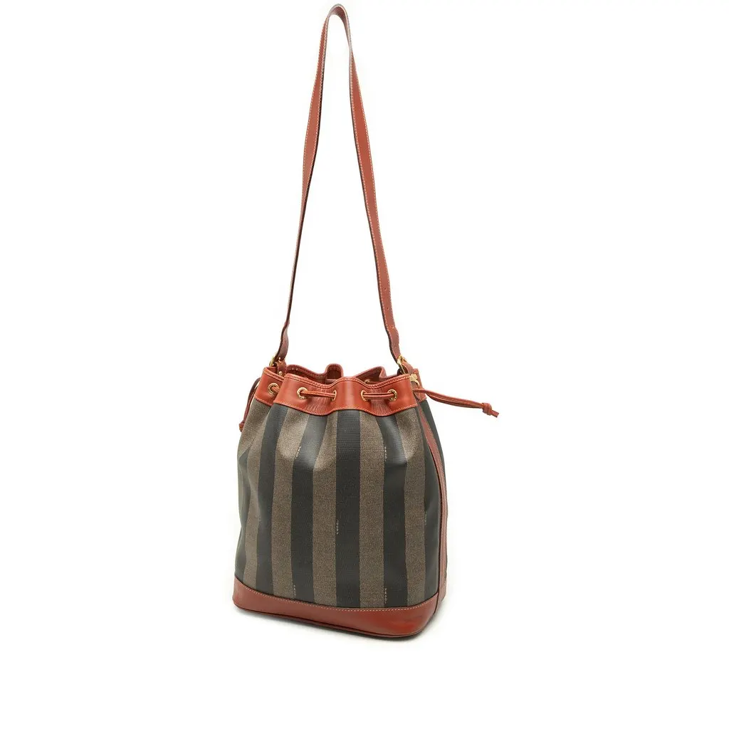 Fendi Pequin Coated Canvas Drawstring Bucket Bag Brown Good - Back View