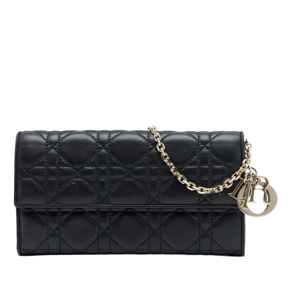 Dior Lambskin Cannage Lady Dior Wallet On Chain Black Leather Very good - Front View