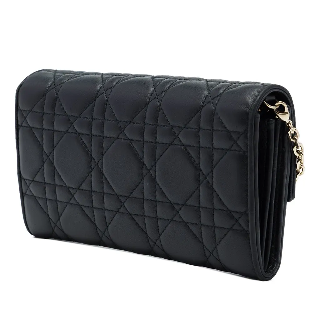 Dior Lambskin Cannage Lady Dior Wallet On Chain Black Leather Very good - Back View