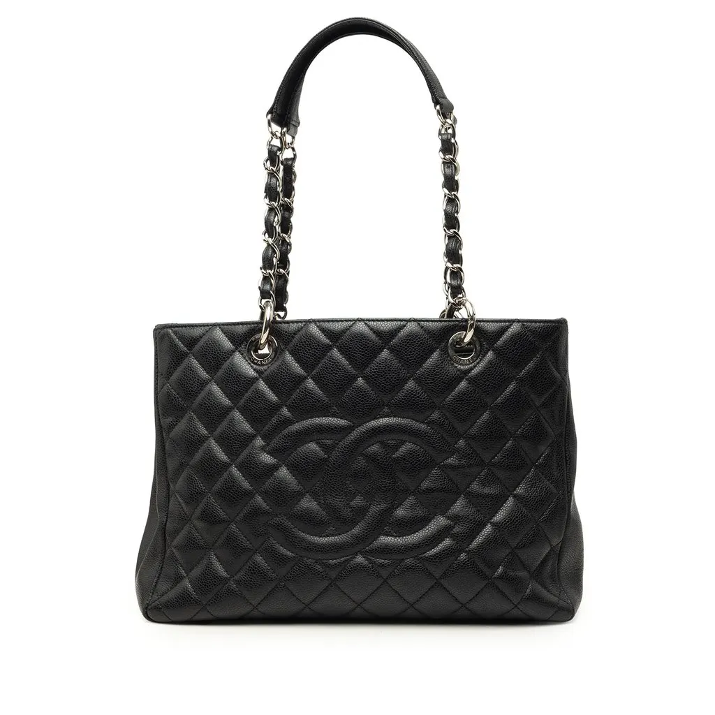 Chanel Caviar Grand Shopping Tote Black Leather Very good - Front View