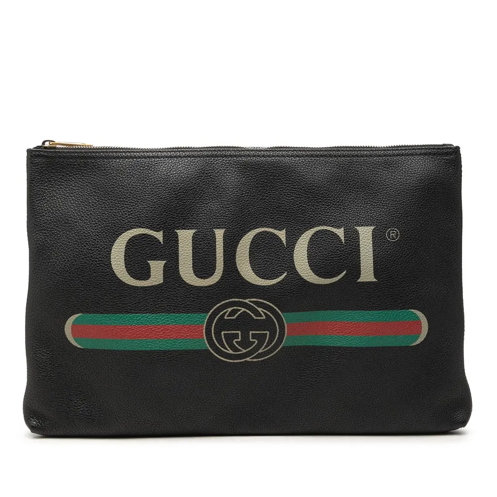 Gucci Leather Logo Clutch Black Leather Good - Front View