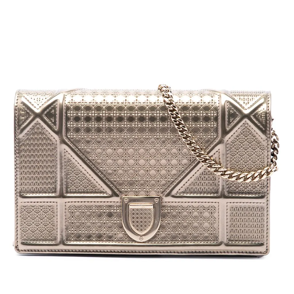 Dior Metallic Patent Microcannage Diorama Wallet on Chain Gold Leather Good - Front View