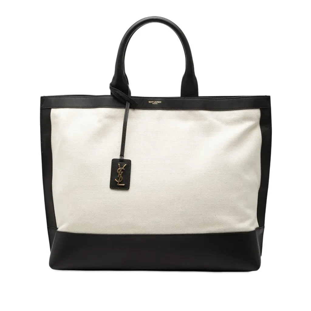 Saint Laurent Bicolor Canvas and Leather Cabas Tote White Very good - Front View