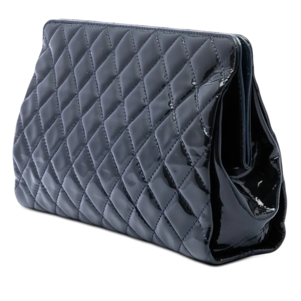 Chanel CC Quilted Patent Timeless Clutch Blue Leather Very good - Back View