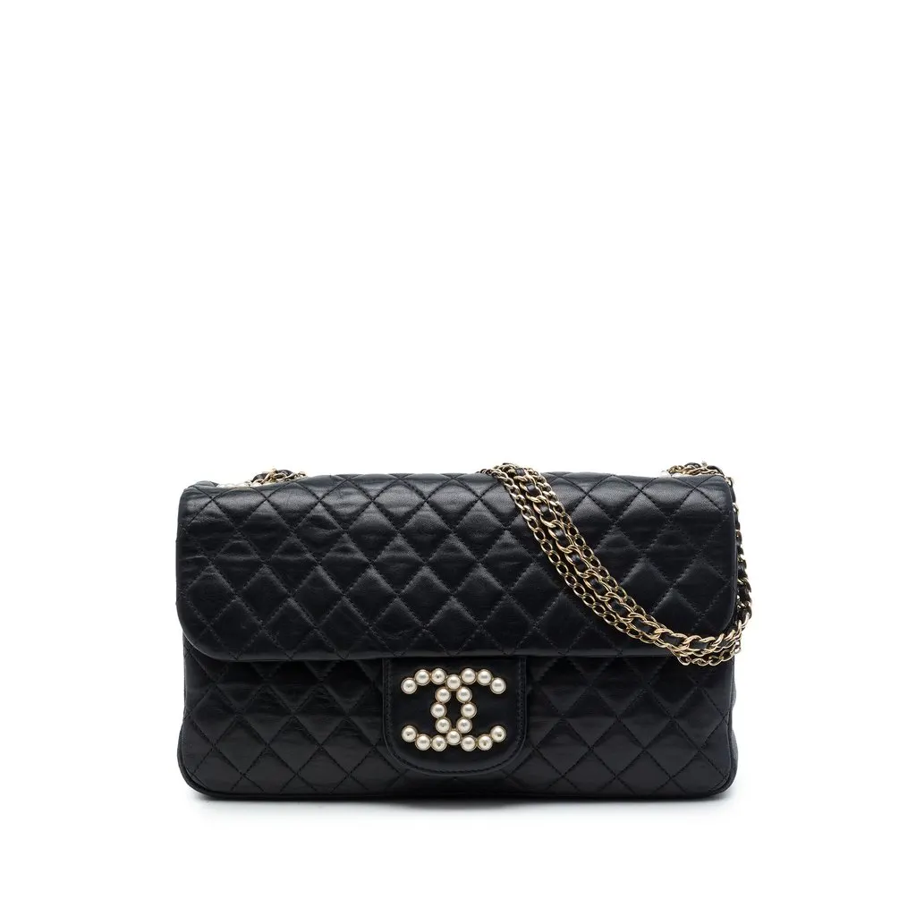 Chanel Medium Quilted Lambskin Westminster Pearl Flap Black Leather Very good - Front View