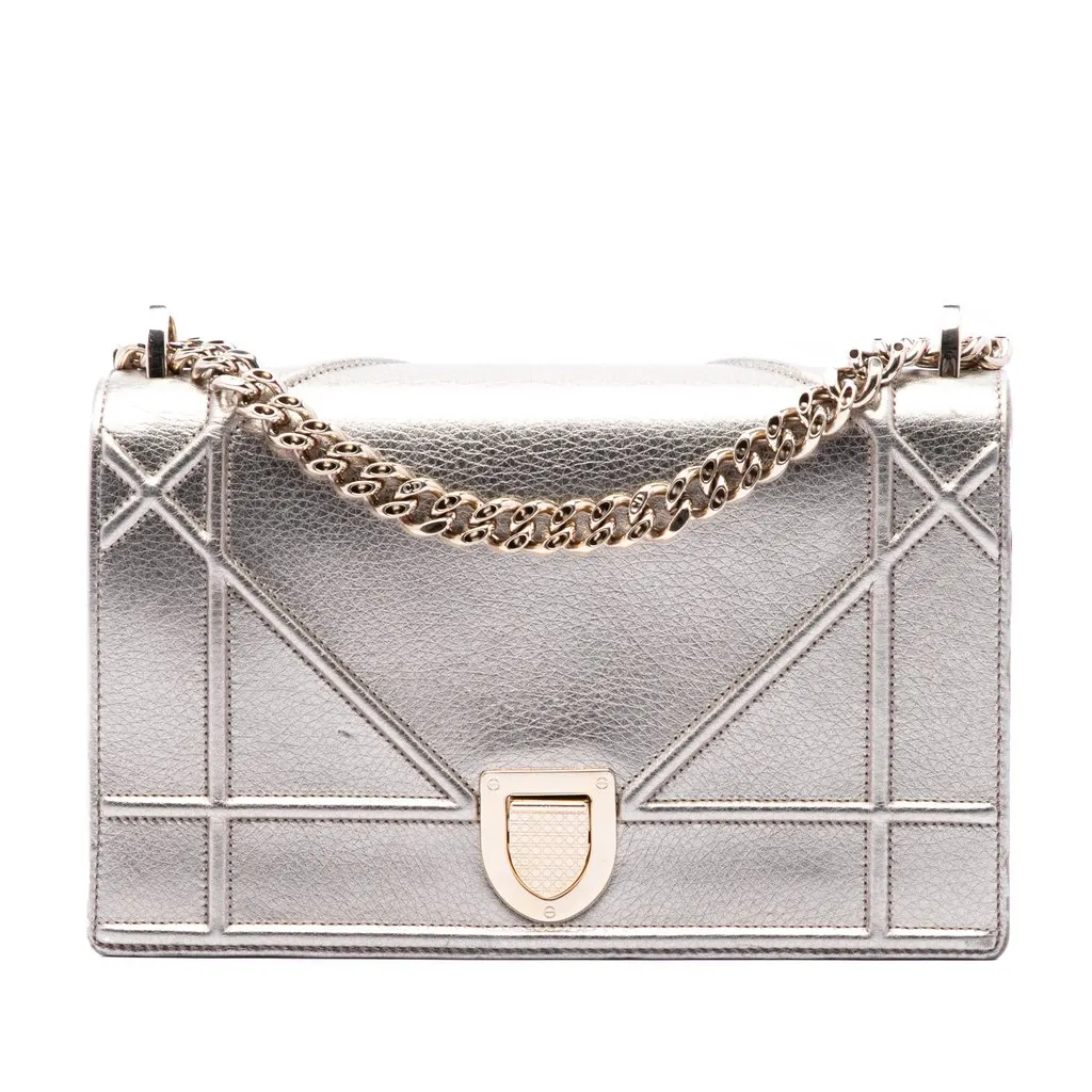 Dior Medium Metallic Calfskin Diorama Flap Silver Leather Very good - Front View