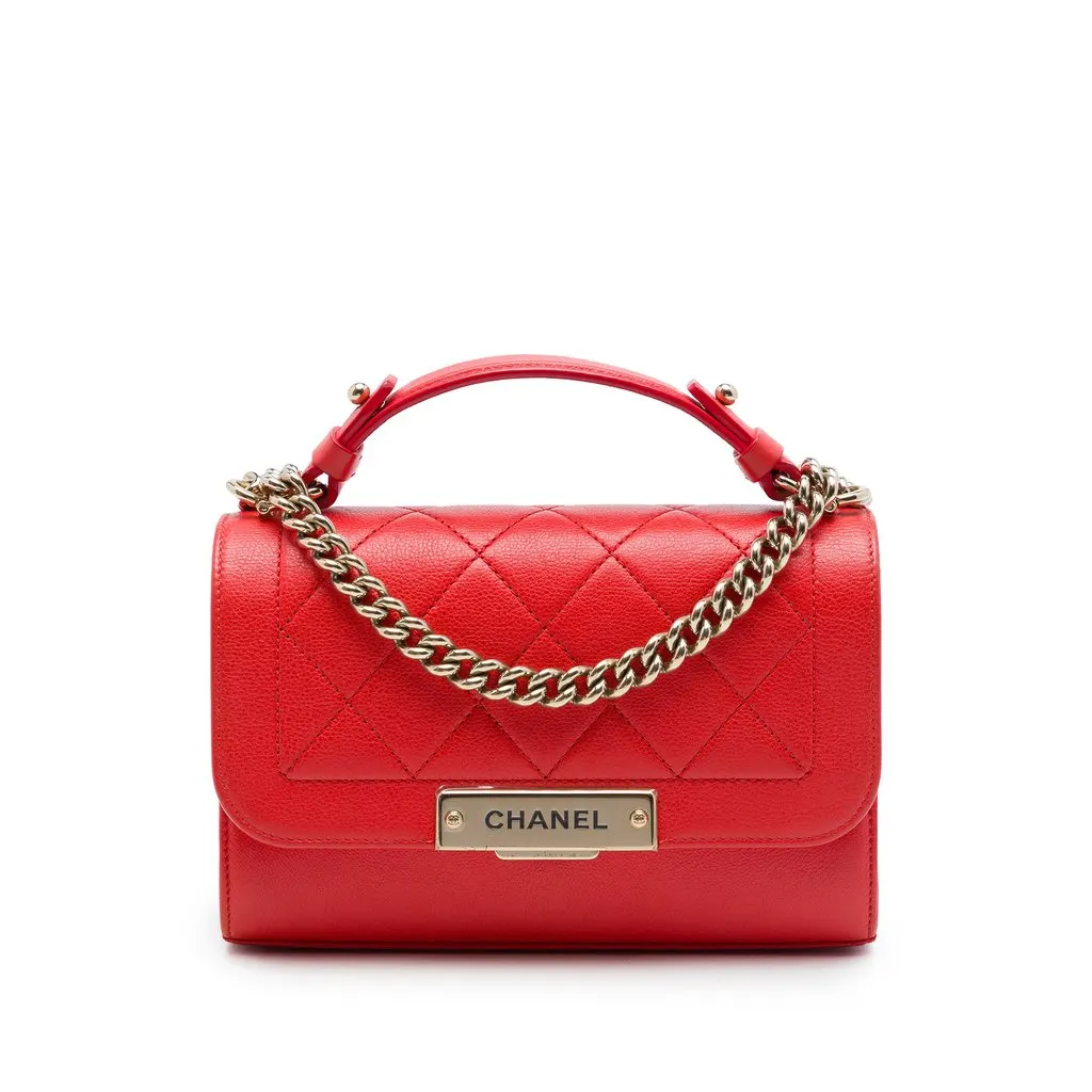 Chanel Small Quilted Grained Calfskin Label Click Flap Red Leather Very good - Front View