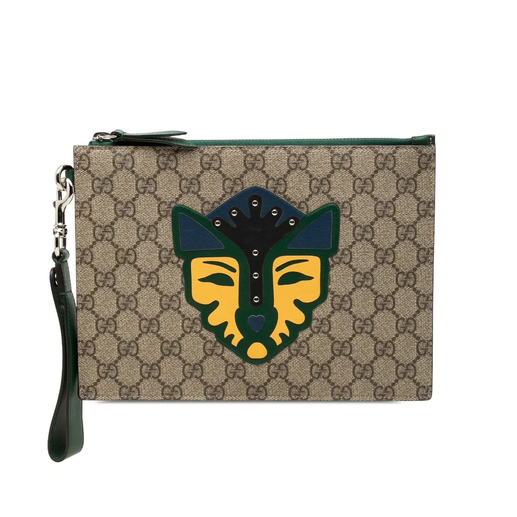 Gucci GG Supreme Fox Clutch Beige Very good - Front View