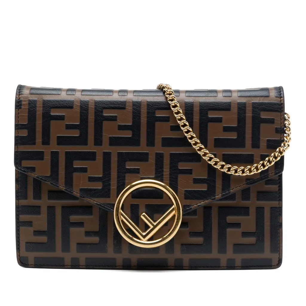 Fendi Zucca Embossed Leather F Is Fendi Envelope Wallet On Chain Brown Leather Very good - Front View