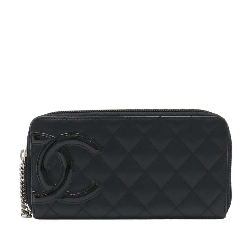 Chanel Quilted Lambskin Cambon Ligne Zippy Wallet Black Leather Very good - Front View