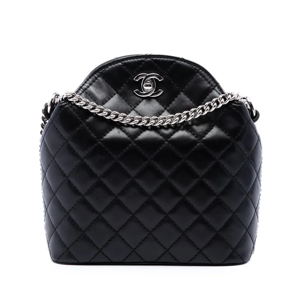 Chanel CC Quilted Lambskin Chain Crossbody Black Leather Very good - Front View