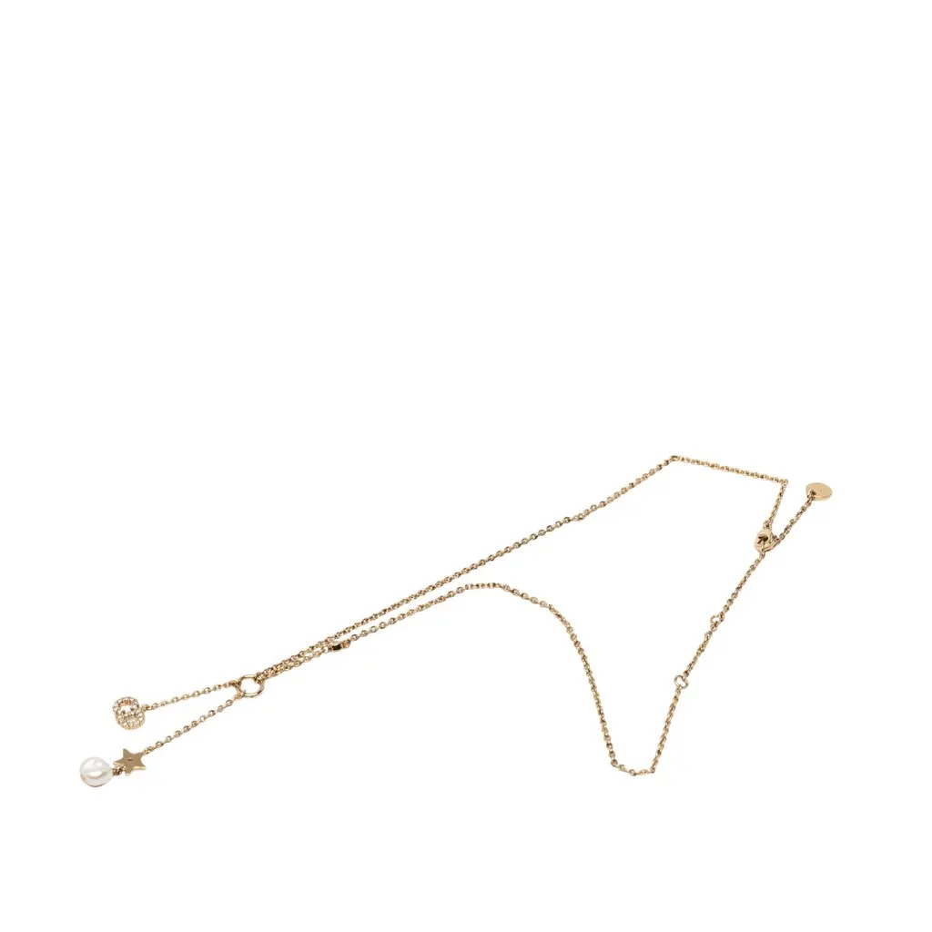 Dior Gold Plated Strass Embellished Faux Pearl CD Tribal Long Necklace Gold Metal Very good - Front View