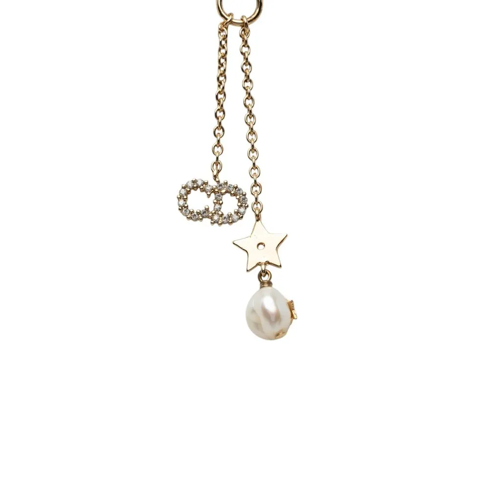 Dior Gold Plated Strass Embellished Faux Pearl CD Tribal Long Necklace Gold Metal Very good - Back View