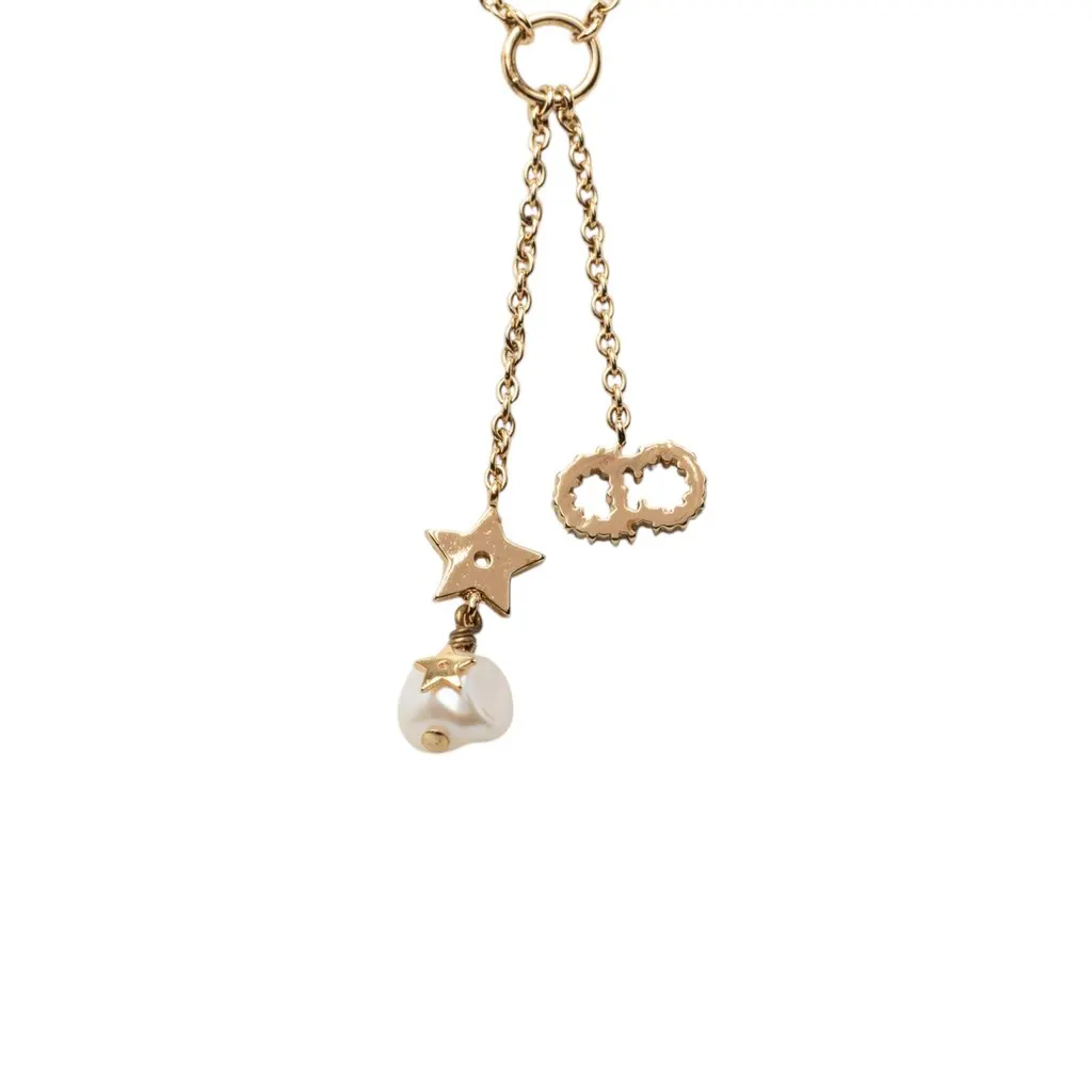 Dior Gold Plated Strass Embellished Faux Pearl CD Tribal Long Necklace Gold Metal Very good - Inside View