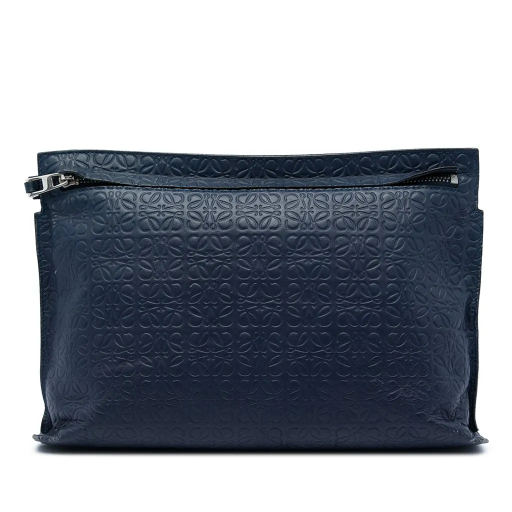 LOEWE Embossed Anagram Leather Repeat T Clutch Blue Leather Very good - Front View