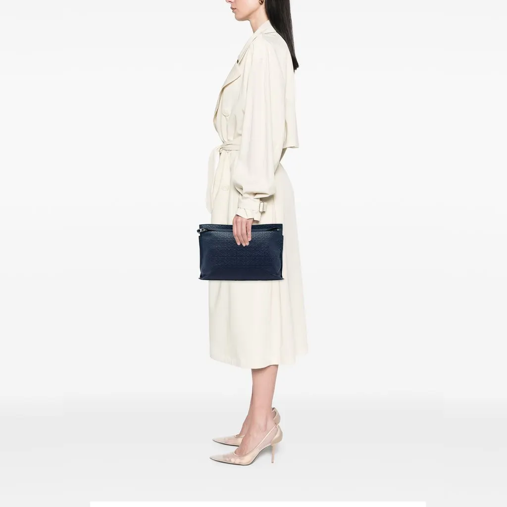 LOEWE Embossed Anagram Leather Repeat T Clutch Blue Leather Very good - Box View
